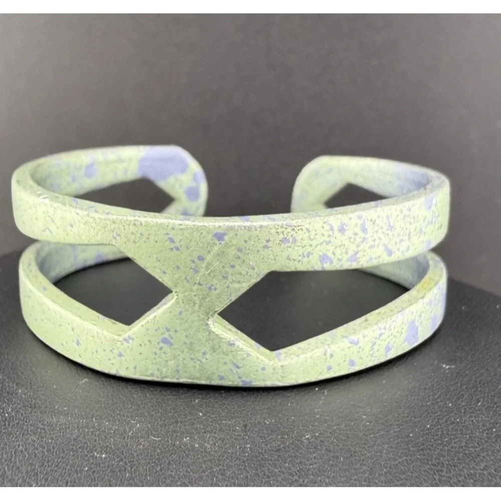 Vintage Cuff Bracelet Geometric Green Purple Splatter 6”